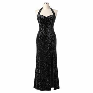Vintage 90s Crushed Velvet Open Back Halter Slit Maxi Dress Sz L Black Goth Glam